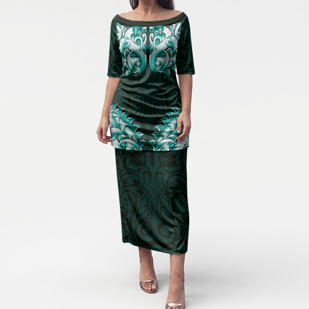 New Zealand Ta Moko Puletasi Aotearoa Maori Chest Tattoo Turquoise LT14 Long Dress Turquoise - Polynesian Pride