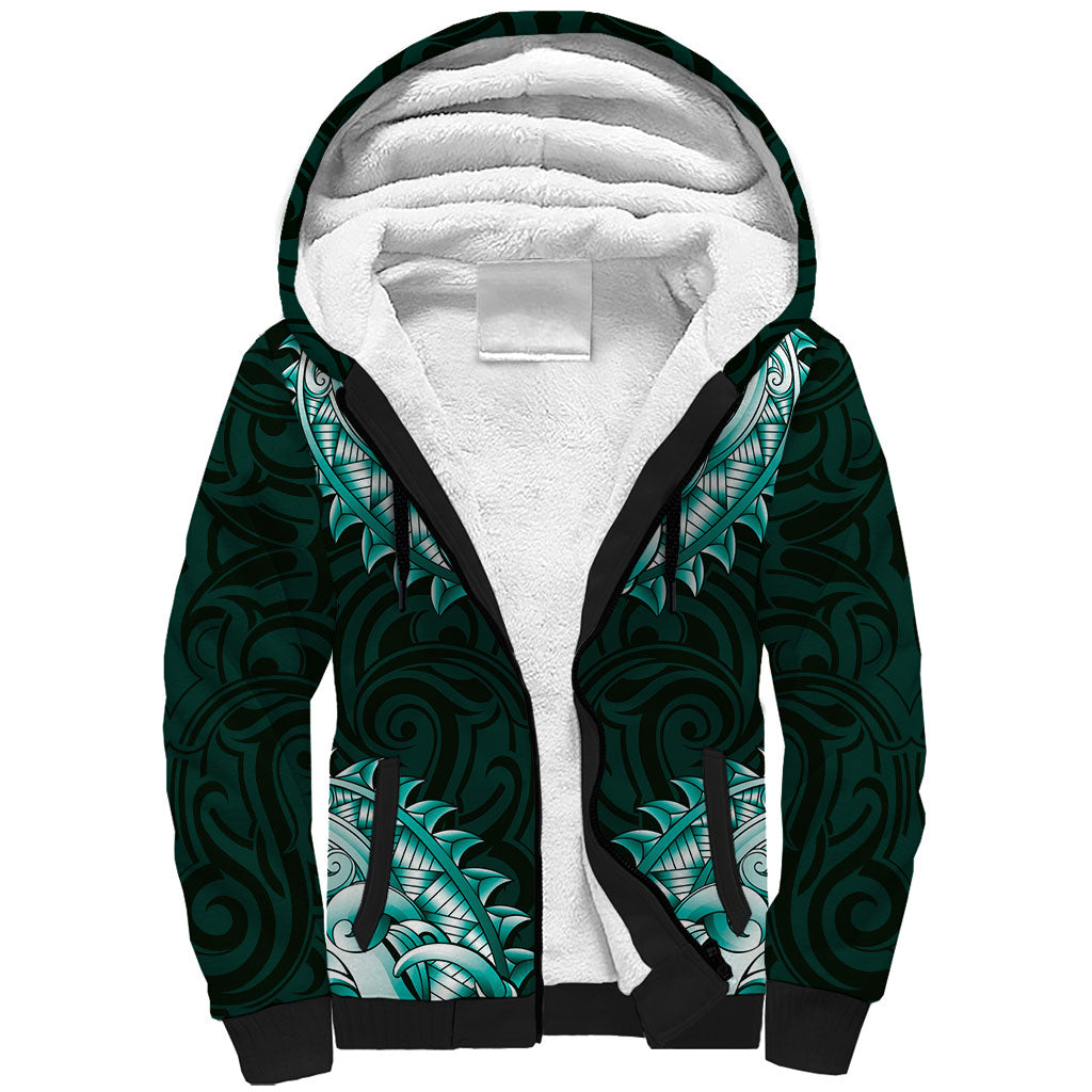 New Zealand Ta Moko Sherpa Hoodie Aotearoa Maori Chest Tattoo Turquoise LT14 Unisex Turquoise - Polynesian Pride