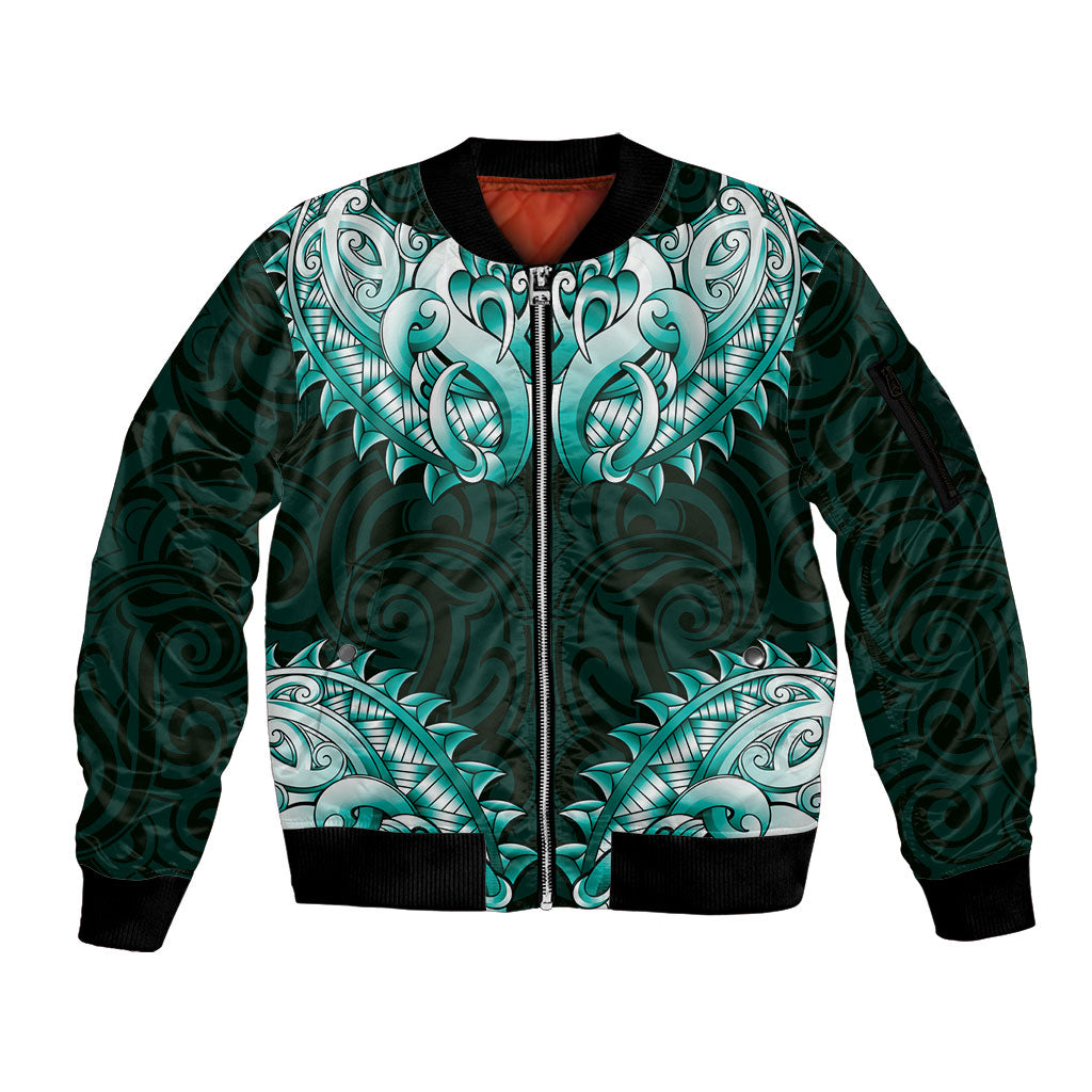New Zealand Ta Moko Sleeve Zip Bomber Jacket Aotearoa Maori Chest Tattoo Turquoise LT14 Unisex Turquoise - Polynesian Pride