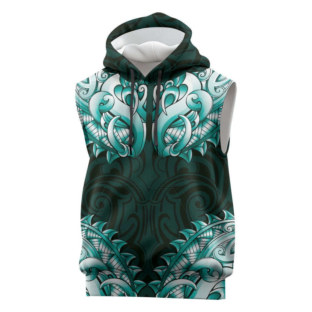 New Zealand Ta Moko Sleeveless Hoodie Aotearoa Maori Chest Tattoo Turquoise LT14 Turquoise - Polynesian Pride