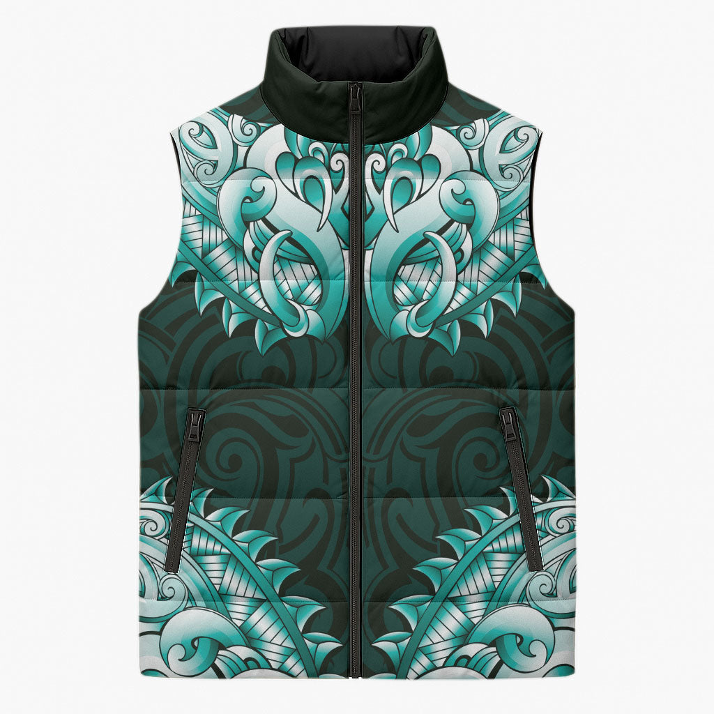 New Zealand Ta Moko Sleeveless Puffer Jacket Aotearoa Maori Chest Tattoo Turquoise LT14 Unisex Turquoise - Polynesian Pride