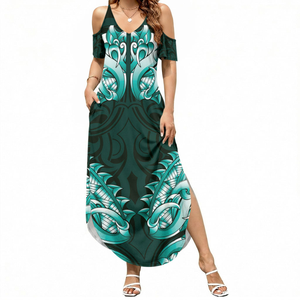 New Zealand Ta Moko Summer Maxi Dress Aotearoa Maori Chest Tattoo Turquoise LT14 Women Turquoise - Polynesian Pride
