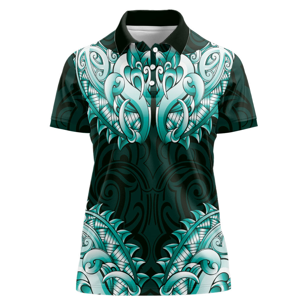 New Zealand Ta Moko Women Polo Shirt Aotearoa Maori Chest Tattoo Turquoise LT14 Female Turquoise - Polynesian Pride