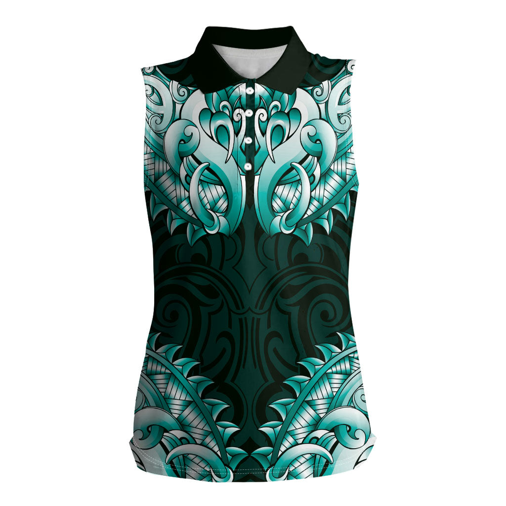 New Zealand Ta Moko Women Sleeveless Polo Shirt Aotearoa Maori Chest Tattoo Turquoise LT14 Female Turquoise - Polynesian Pride