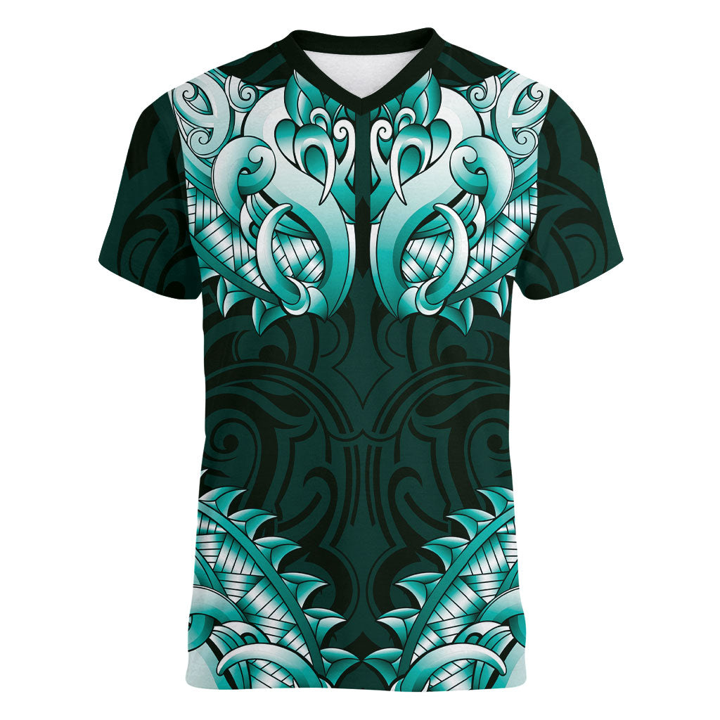 New Zealand Ta Moko Women V-Neck T-Shirt Aotearoa Maori Chest Tattoo Turquoise LT14 Female Turquoise - Polynesian Pride