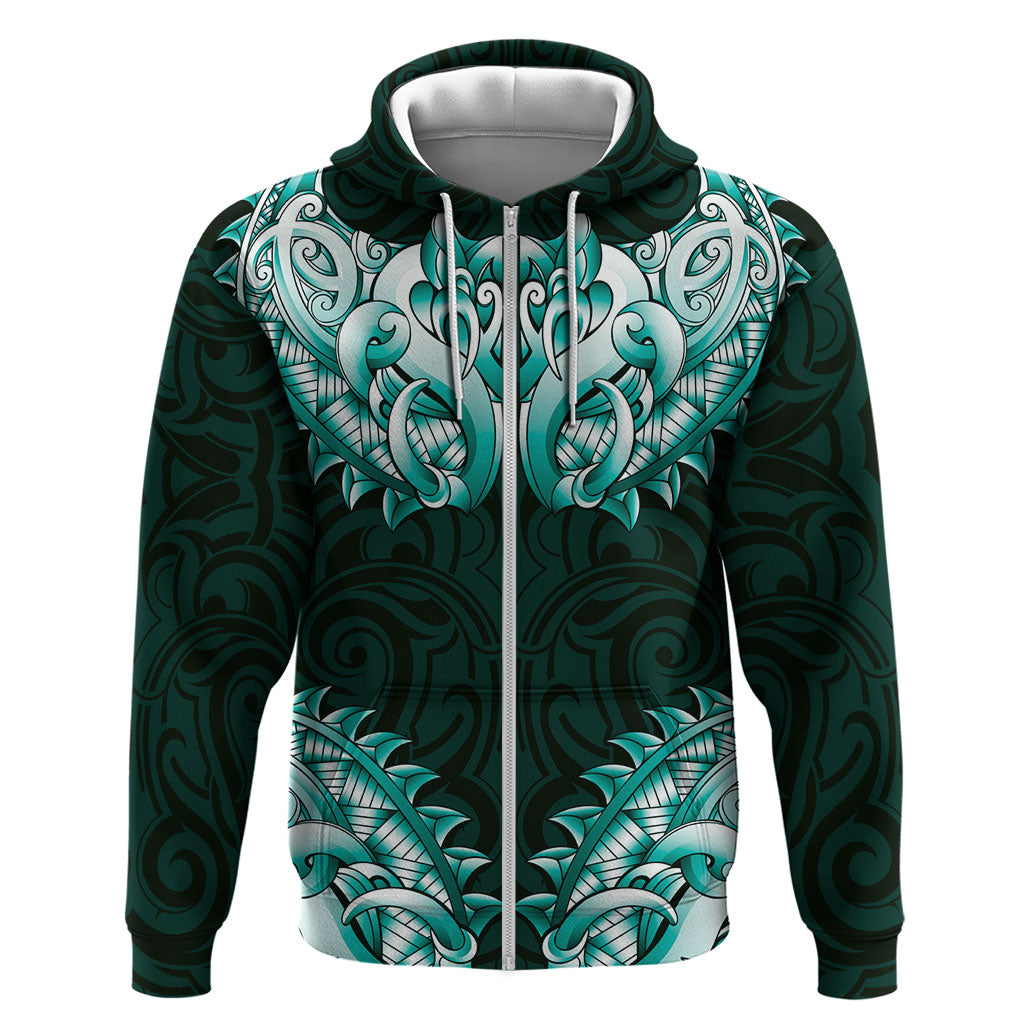 New Zealand Ta Moko Zip Hoodie Aotearoa Maori Chest Tattoo Turquoise LT14 Zip Hoodie Turquoise - Polynesian Pride