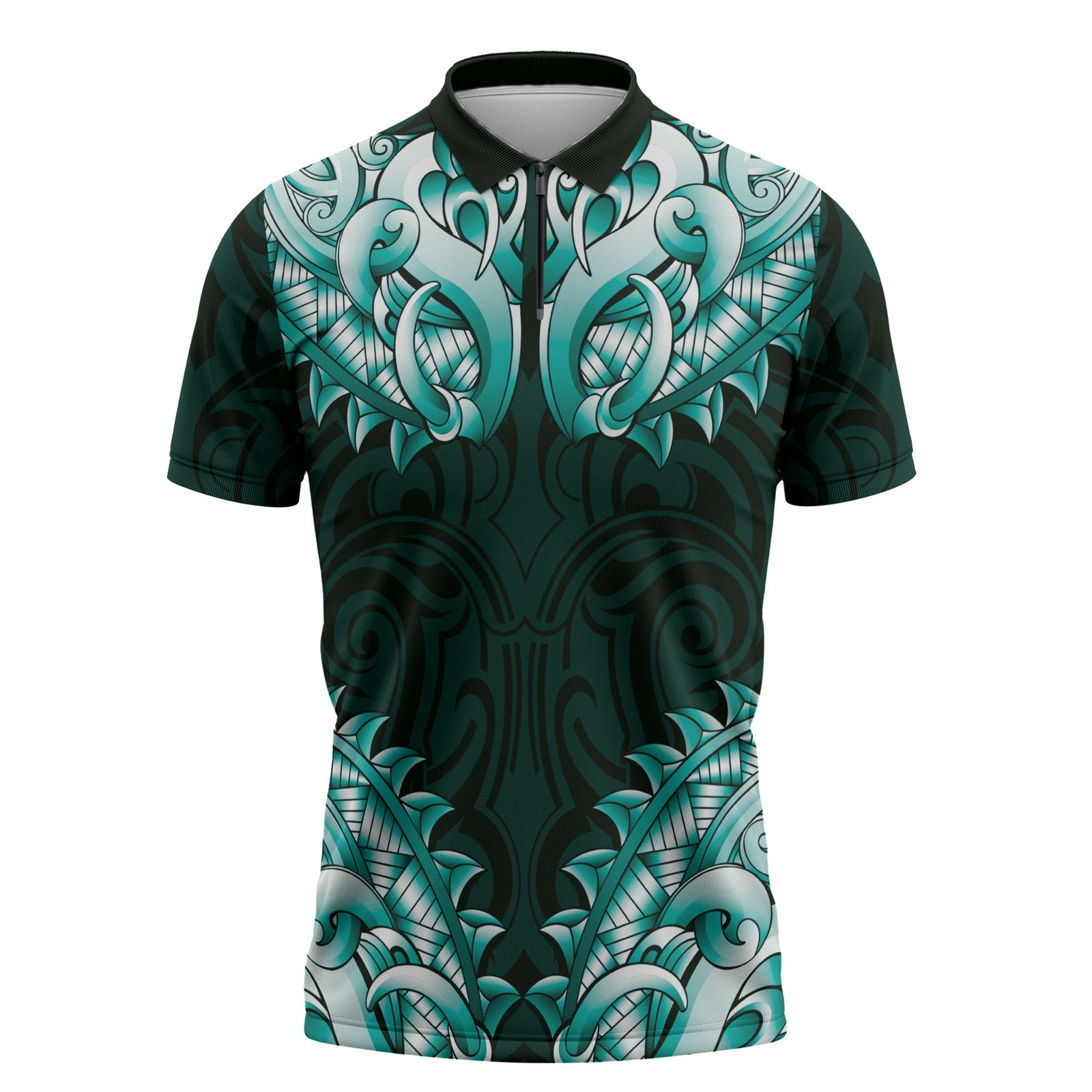 New Zealand Ta Moko Zipper Polo Shirt Aotearoa Maori Chest Tattoo Turquoise LT14 Turquoise - Polynesian Pride