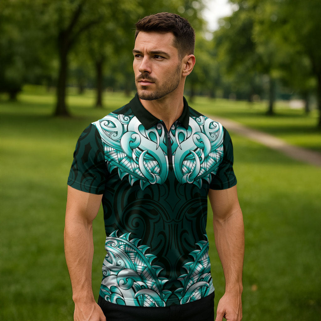 New Zealand Ta Moko Zipper Polo Shirt Aotearoa Maori Chest Tattoo Turquoise