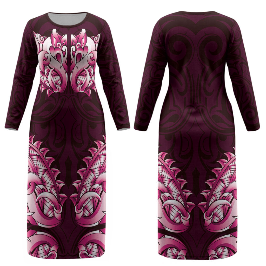 New Zealand Ta Moko Couples Matching Long Sleeve Bodycon Dress and Long Sleeve Button Shirt Aotearoa Maori Chest Tattoo Pink