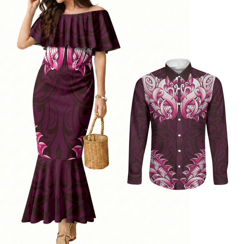 New Zealand Ta Moko Couples Matching Mermaid Dress and Long Sleeve Button Shirt Aotearoa Maori Chest Tattoo Pink LT14 Pink - Polynesian Pride