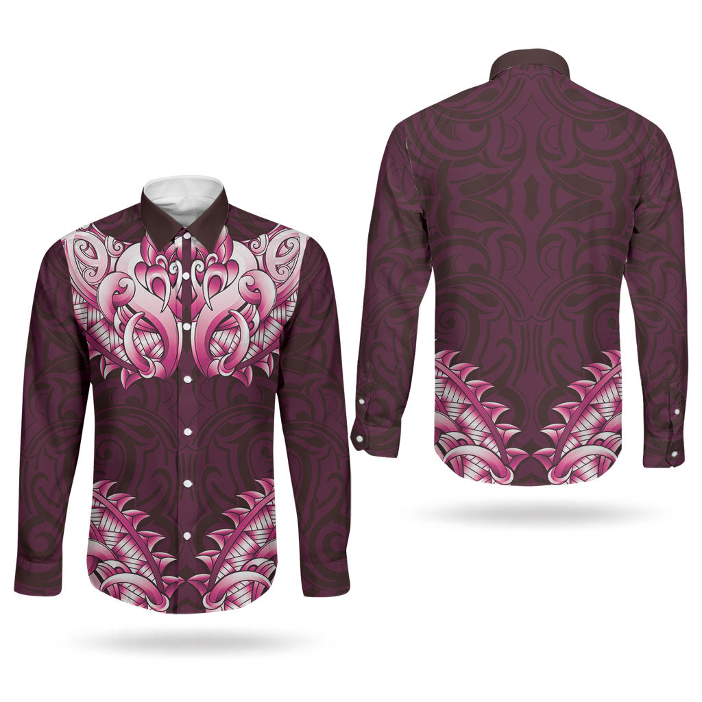 New Zealand Ta Moko Couples Matching Mermaid Dress and Long Sleeve Button Shirt Aotearoa Maori Chest Tattoo Pink