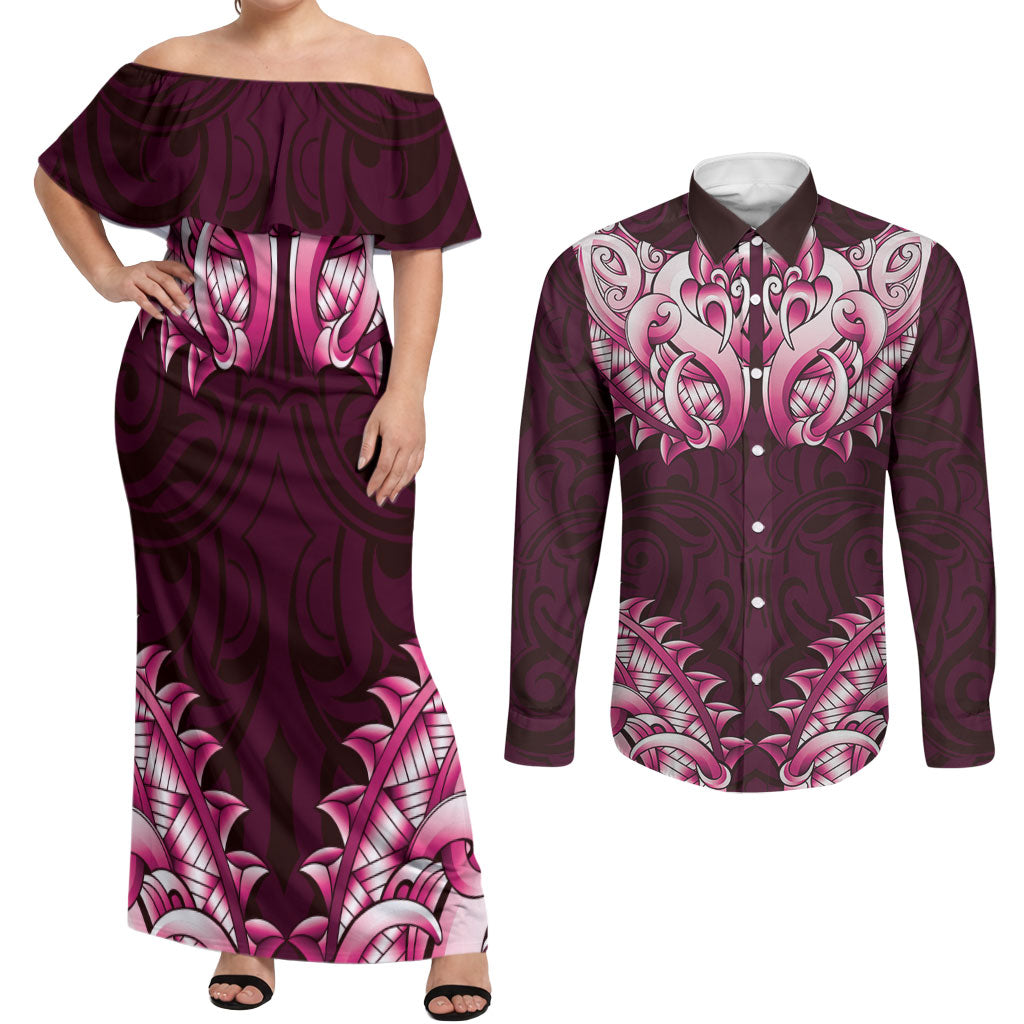 New Zealand Ta Moko Couples Matching Off Shoulder Maxi Dress and Long Sleeve Button Shirt Aotearoa Maori Chest Tattoo Pink LT14 Pink - Polynesian Pride