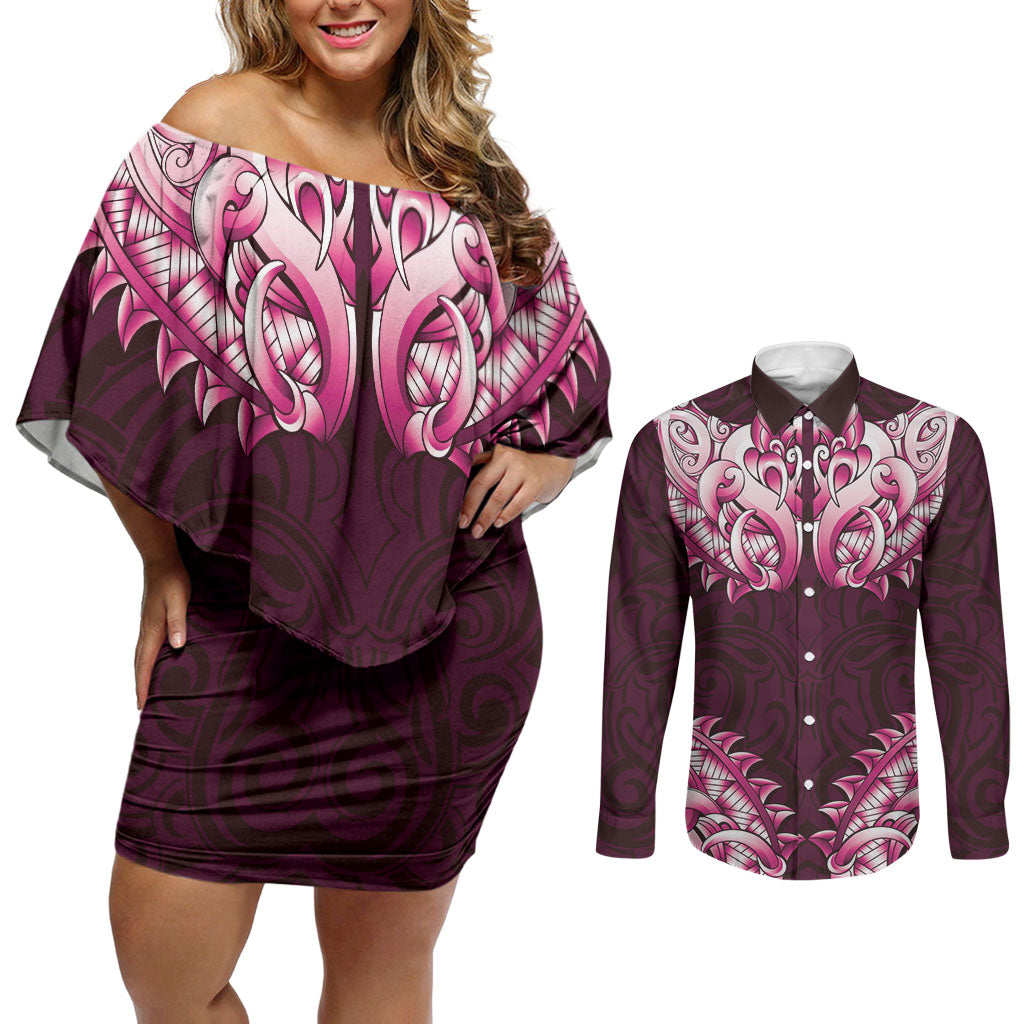 New Zealand Ta Moko Couples Matching Off Shoulder Short Dress and Long Sleeve Button Shirt Aotearoa Maori Chest Tattoo Pink LT14 Pink - Polynesian Pride