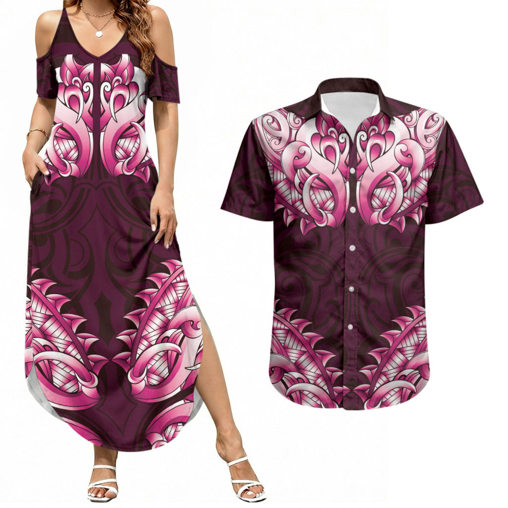 New Zealand Ta Moko Couples Matching Summer Maxi Dress and Hawaiian Shirt Aotearoa Maori Chest Tattoo Pink LT14 Pink - Polynesian Pride