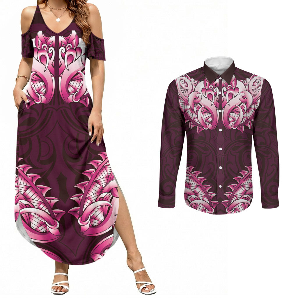 New Zealand Ta Moko Couples Matching Summer Maxi Dress and Long Sleeve Button Shirt Aotearoa Maori Chest Tattoo Pink LT14 Pink - Polynesian Pride