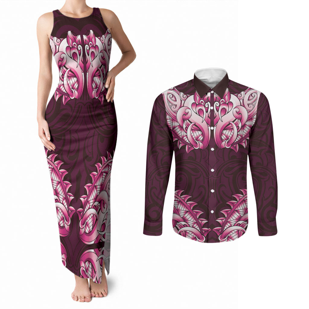 New Zealand Ta Moko Couples Matching Tank Maxi Dress and Long Sleeve Button Shirt Aotearoa Maori Chest Tattoo Pink LT14 Pink - Polynesian Pride