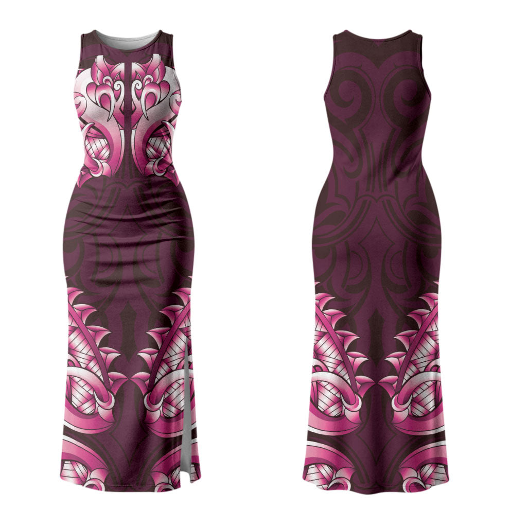 New Zealand Ta Moko Couples Matching Tank Maxi Dress and Long Sleeve Button Shirt Aotearoa Maori Chest Tattoo Pink