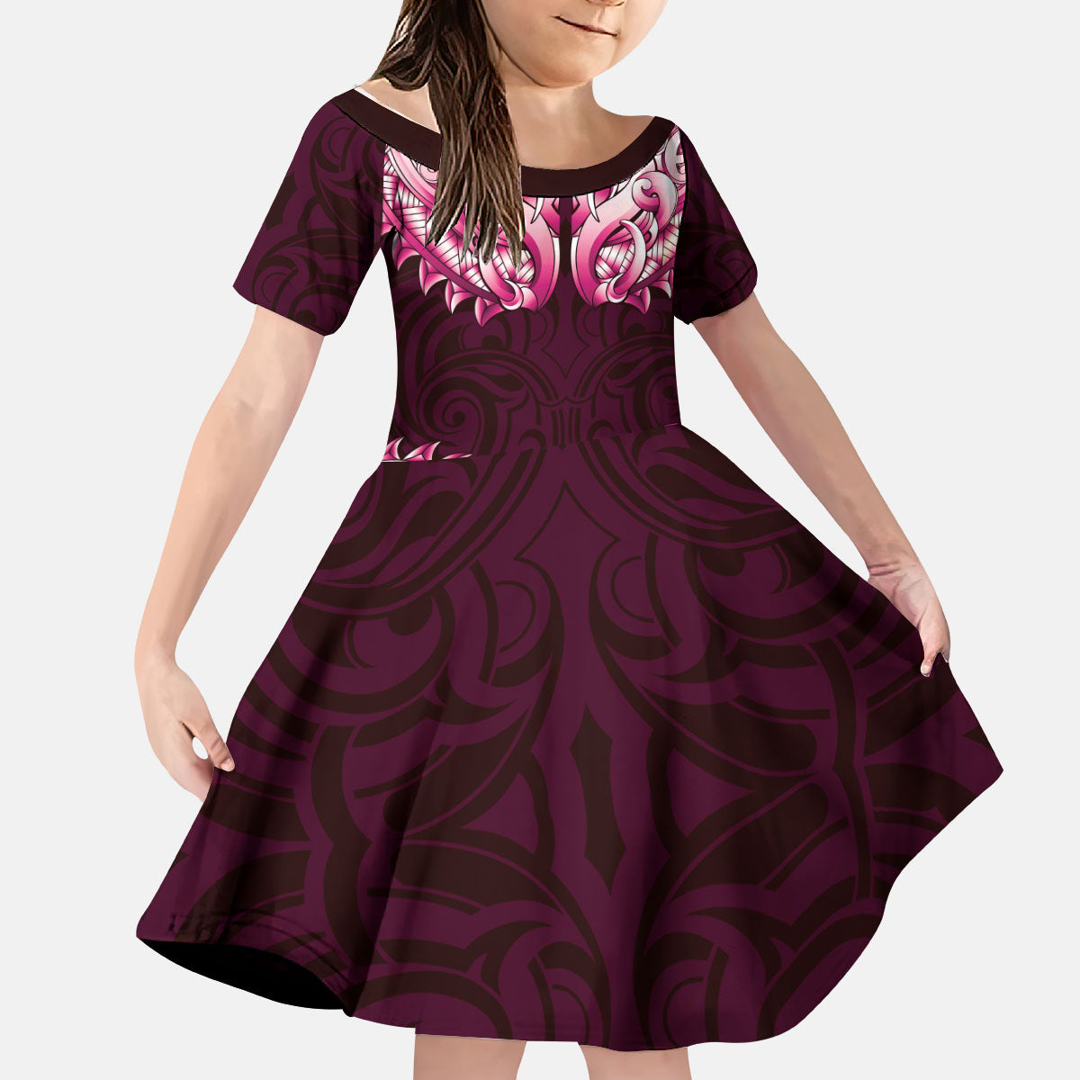 New Zealand Ta Moko Kid Short Sleeve Dress Aotearoa Maori Chest Tattoo Pink