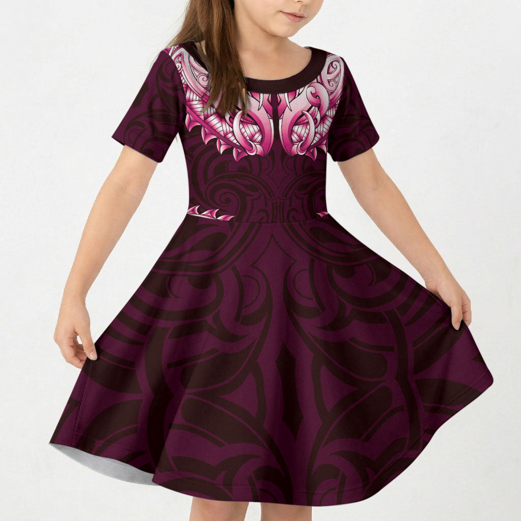 New Zealand Ta Moko Kid Short Sleeve Dress Aotearoa Maori Chest Tattoo Pink LT14 KID Pink - Polynesian Pride