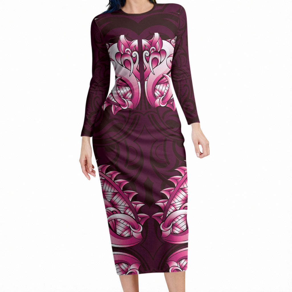 New Zealand Ta Moko Long Sleeve Bodycon Dress Aotearoa Maori Chest Tattoo Pink LT14 Long Dress Pink - Polynesian Pride