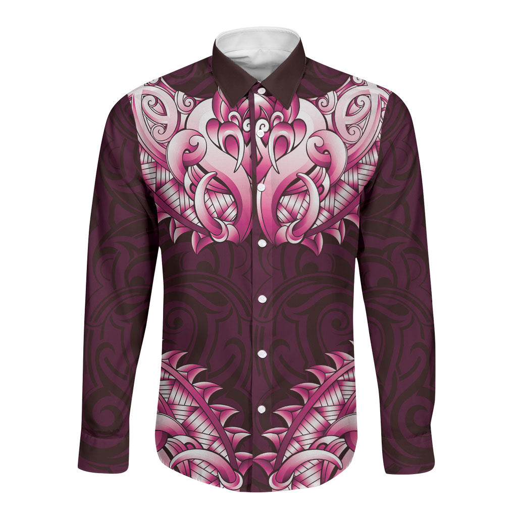 New Zealand Ta Moko Long Sleeve Button Shirt Aotearoa Maori Chest Tattoo Pink LT14 Unisex Pink - Polynesian Pride