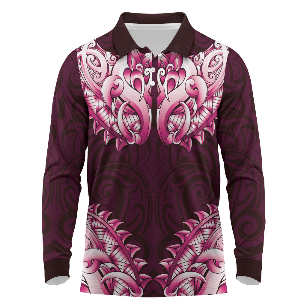 New Zealand Ta Moko Long Sleeve Polo Shirt Aotearoa Maori Chest Tattoo Pink LT14 Pink - Polynesian Pride