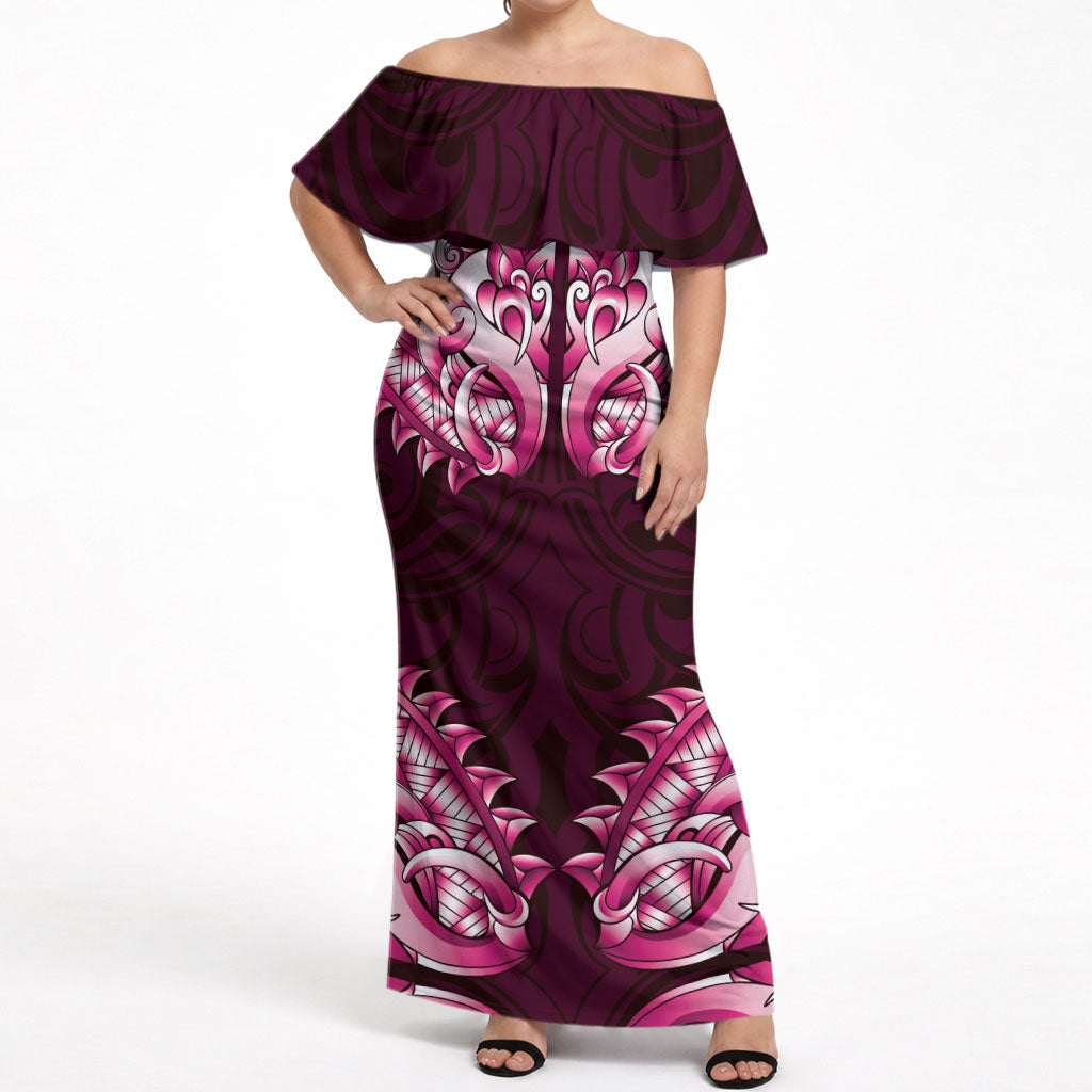 New Zealand Ta Moko Off Shoulder Maxi Dress Aotearoa Maori Chest Tattoo Pink LT14 Women Pink - Polynesian Pride