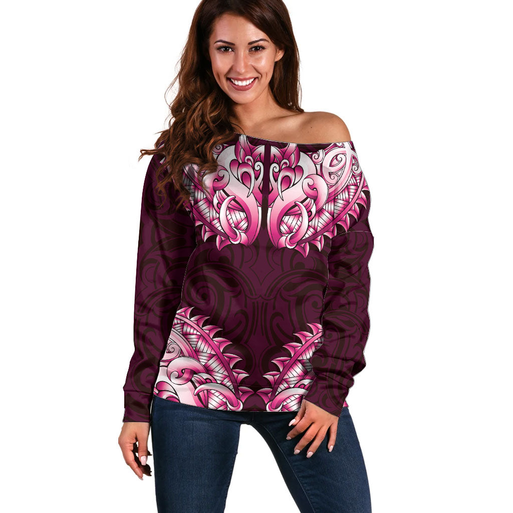 New Zealand Ta Moko Off Shoulder Sweater Aotearoa Maori Chest Tattoo Pink LT14 Women Pink - Polynesian Pride