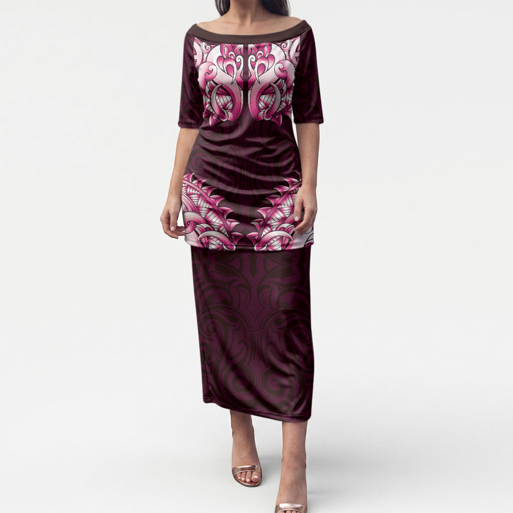 New Zealand Ta Moko Puletasi Aotearoa Maori Chest Tattoo Pink LT14 Long Dress Pink - Polynesian Pride