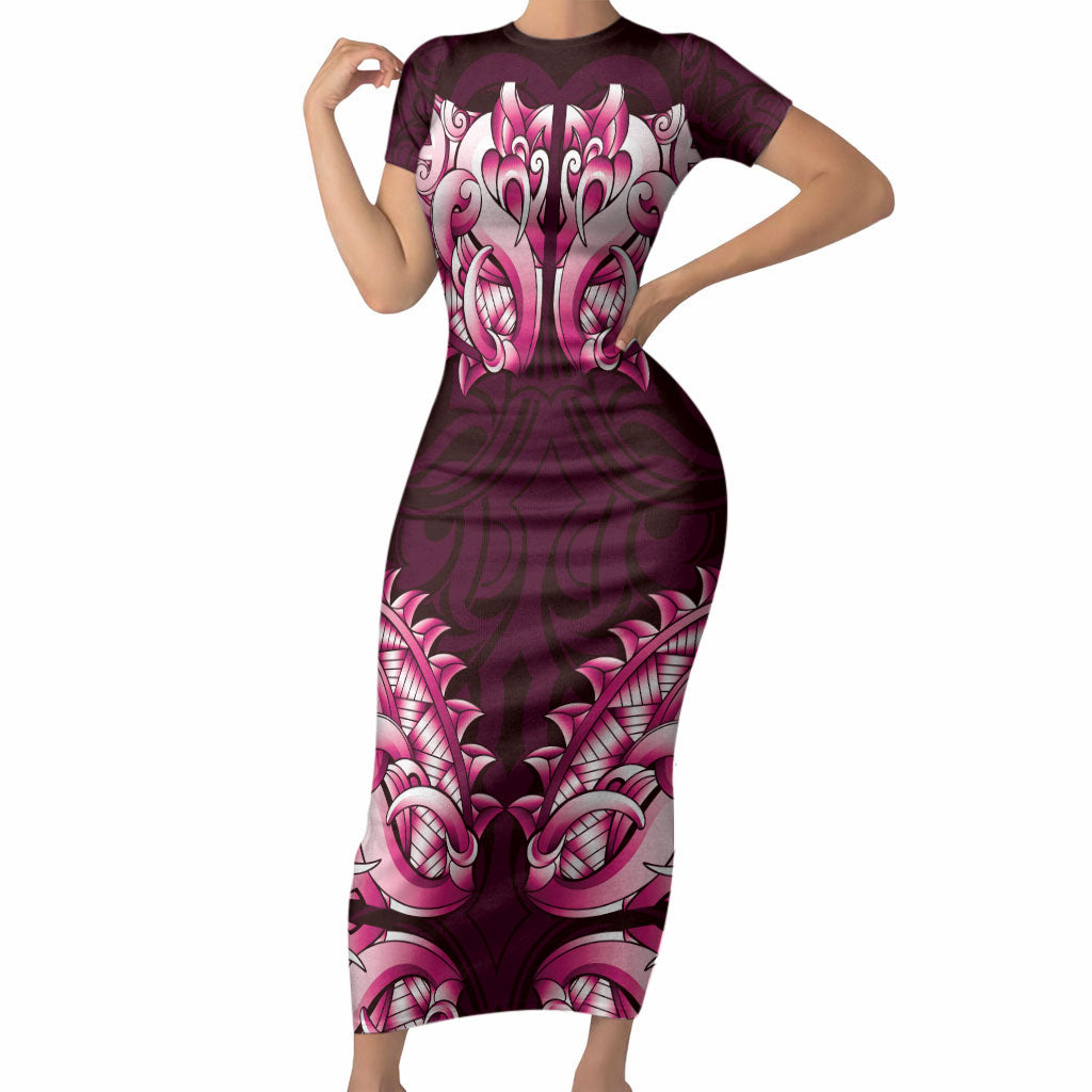 New Zealand Ta Moko Short Sleeve Bodycon Dress Aotearoa Maori Chest Tattoo Pink LT14 Long Dress Pink - Polynesian Pride