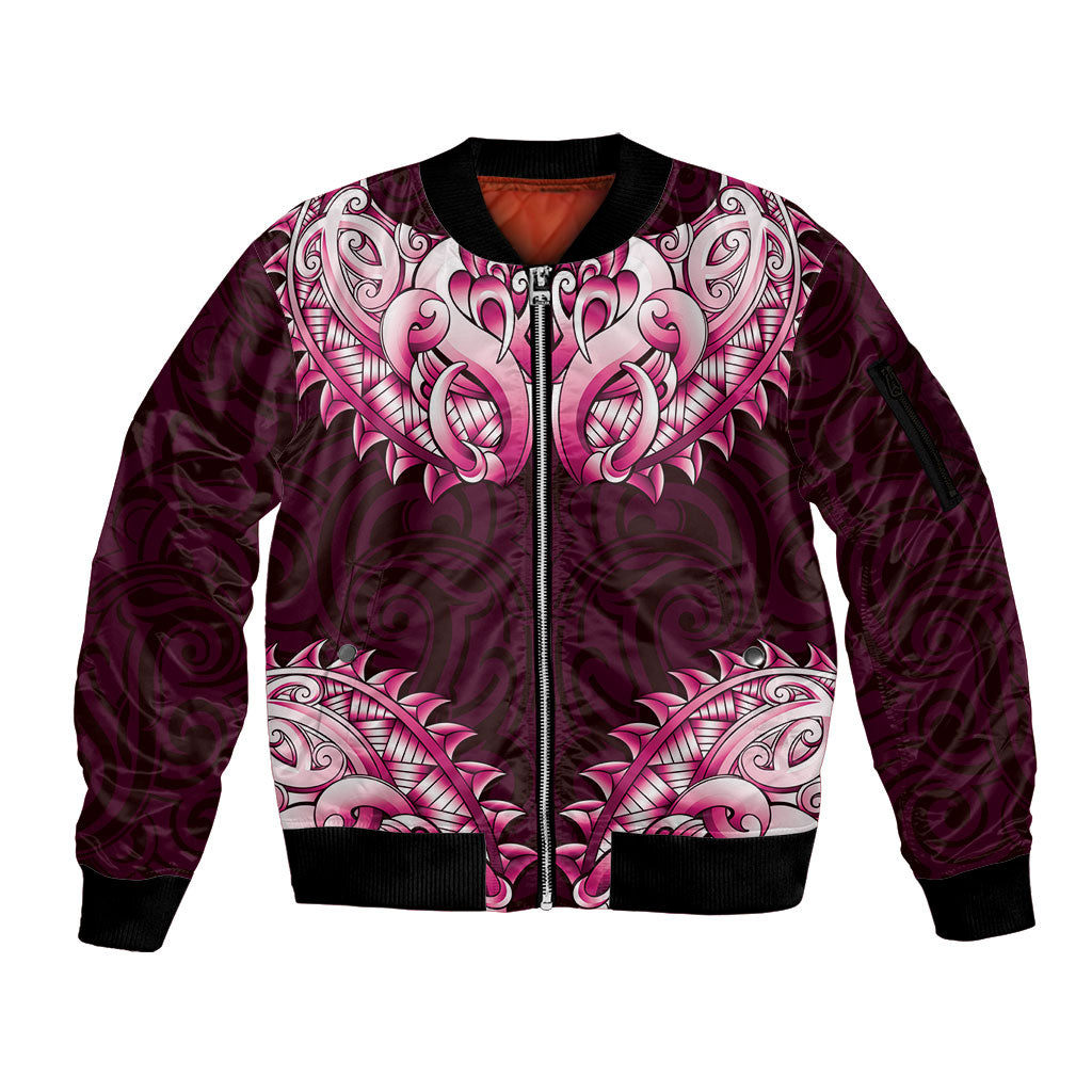 New Zealand Ta Moko Sleeve Zip Bomber Jacket Aotearoa Maori Chest Tattoo Pink LT14 Unisex Pink - Polynesian Pride