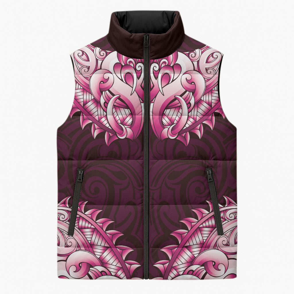 New Zealand Ta Moko Sleeveless Puffer Jacket Aotearoa Maori Chest Tattoo Pink LT14 Unisex Pink - Polynesian Pride