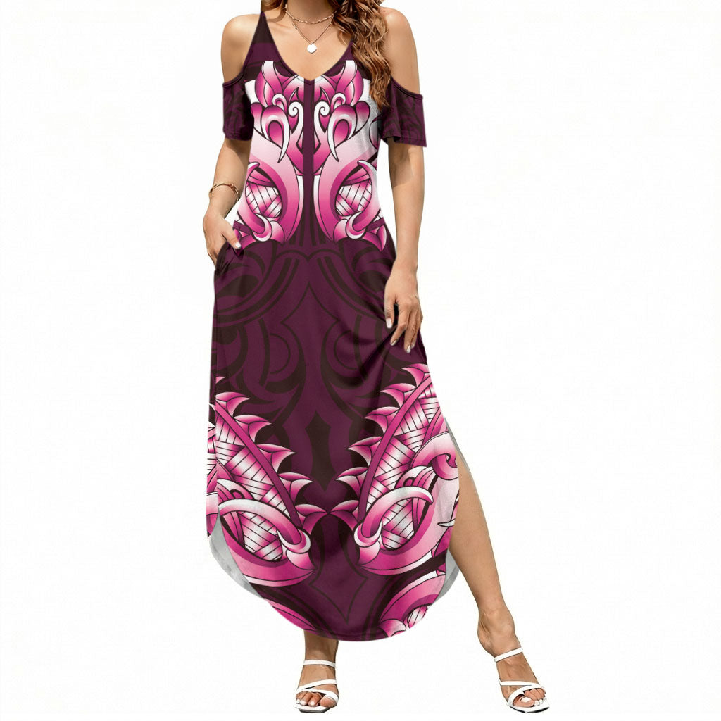 New Zealand Ta Moko Summer Maxi Dress Aotearoa Maori Chest Tattoo Pink LT14 Women Pink - Polynesian Pride