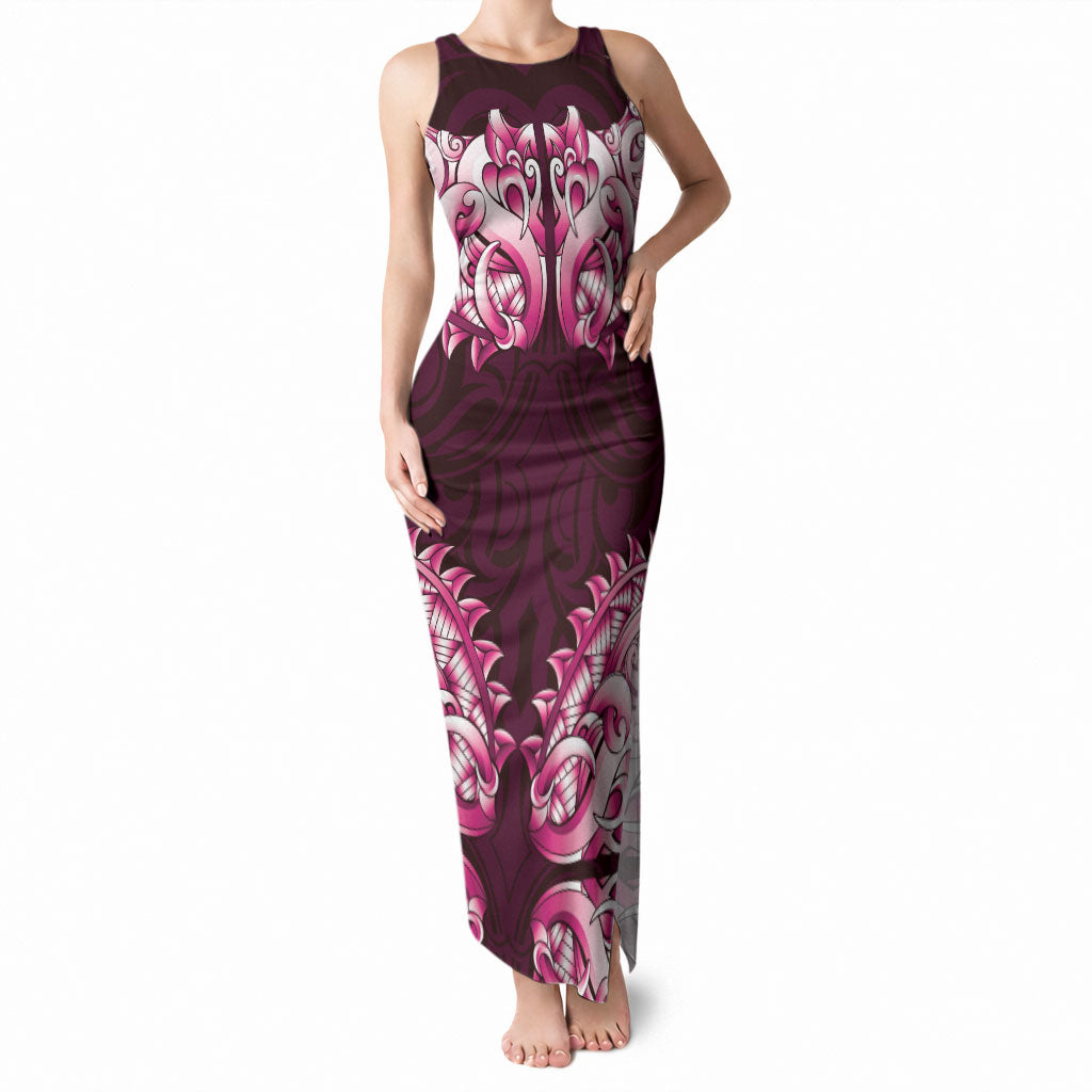 New Zealand Ta Moko Tank Maxi Dress Aotearoa Maori Chest Tattoo Pink LT14 Women Pink - Polynesian Pride
