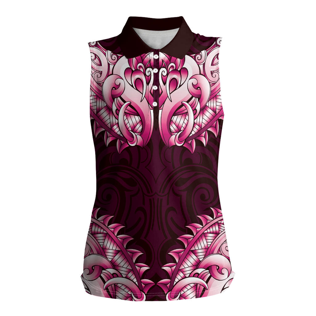 New Zealand Ta Moko Women Sleeveless Polo Shirt Aotearoa Maori Chest Tattoo Pink LT14 Female Pink - Polynesian Pride