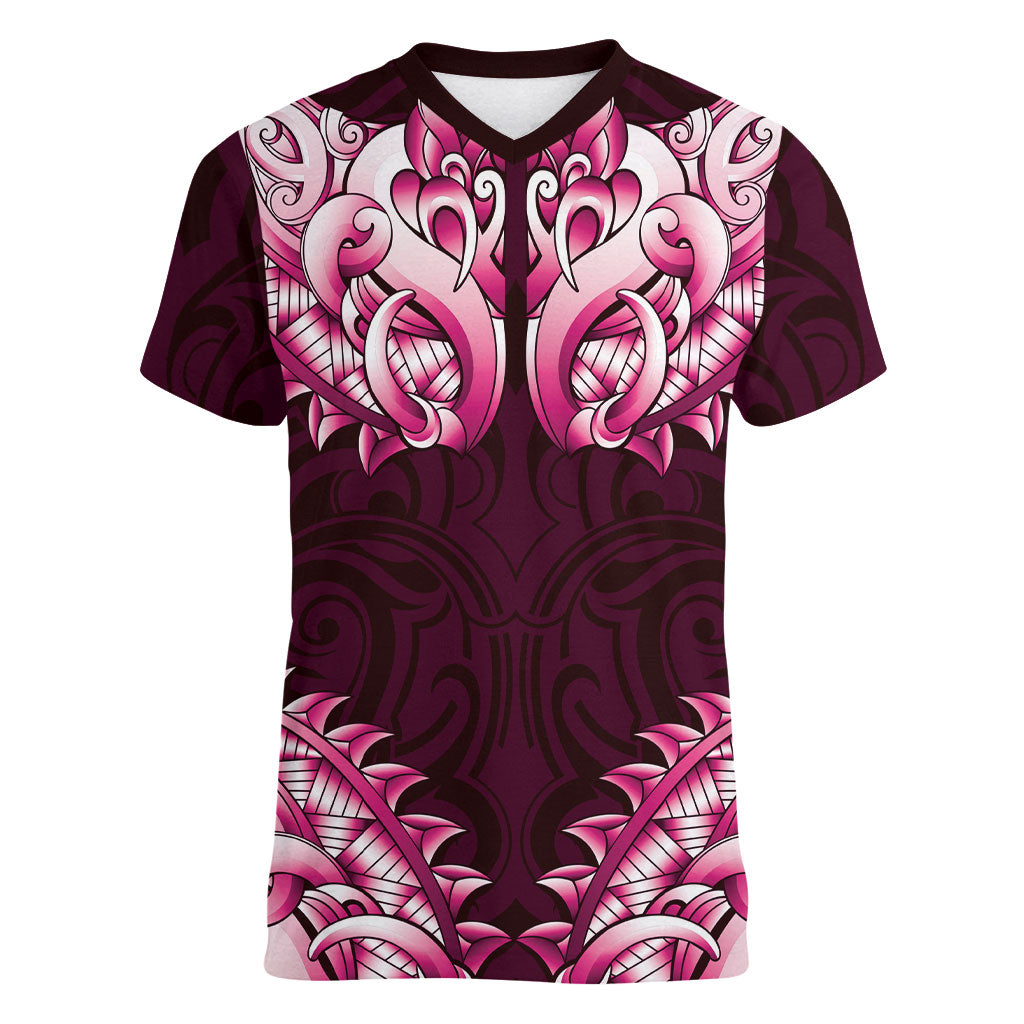 New Zealand Ta Moko Women V-Neck T-Shirt Aotearoa Maori Chest Tattoo Pink LT14 Female Pink - Polynesian Pride