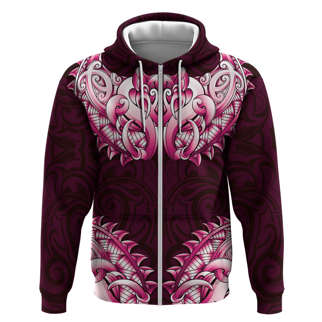 New Zealand Ta Moko Zip Hoodie Aotearoa Maori Chest Tattoo Pink LT14 Zip Hoodie Pink - Polynesian Pride