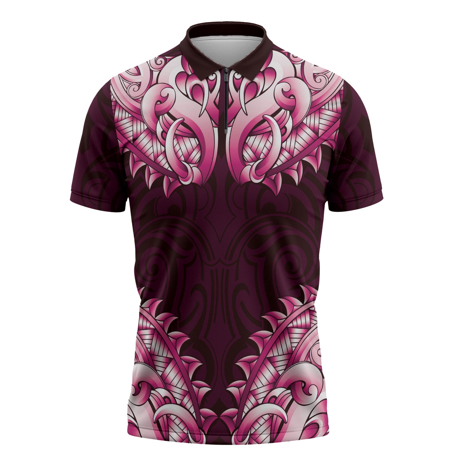 New Zealand Ta Moko Zipper Polo Shirt Aotearoa Maori Chest Tattoo Pink LT14 Pink - Polynesian Pride