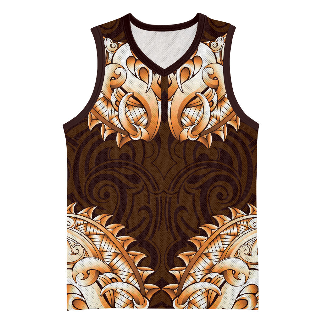 New Zealand Ta Moko Basketball Jersey Aotearoa Maori Chest Tattoo Orange LT14 Unisex Orange - Polynesian Pride