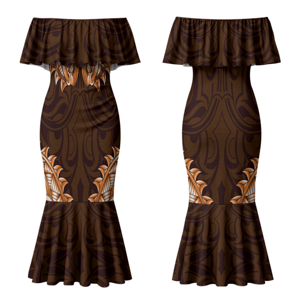 New Zealand Ta Moko Couples Matching Mermaid Dress and Hawaiian Shirt Aotearoa Maori Chest Tattoo Orange