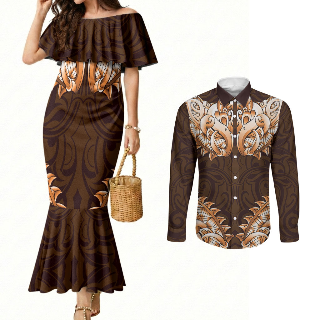 New Zealand Ta Moko Couples Matching Mermaid Dress and Long Sleeve Button Shirt Aotearoa Maori Chest Tattoo Orange LT14 Orange - Polynesian Pride