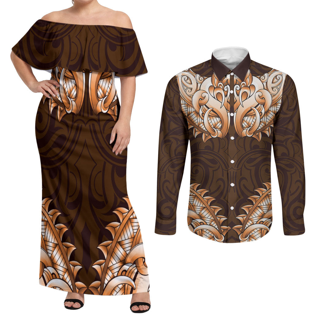 New Zealand Ta Moko Couples Matching Off Shoulder Maxi Dress and Long Sleeve Button Shirt Aotearoa Maori Chest Tattoo Orange LT14 Orange - Polynesian Pride