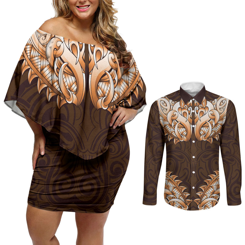 New Zealand Ta Moko Couples Matching Off Shoulder Short Dress and Long Sleeve Button Shirt Aotearoa Maori Chest Tattoo Orange LT14 Orange - Polynesian Pride