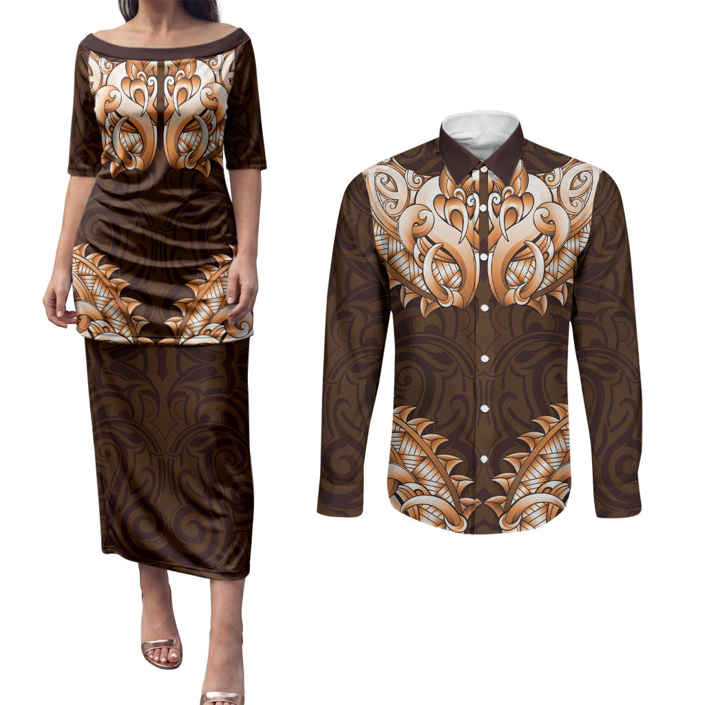 New Zealand Ta Moko Couples Matching Puletasi and Long Sleeve Button Shirt Aotearoa Maori Chest Tattoo Orange LT14 Orange - Polynesian Pride