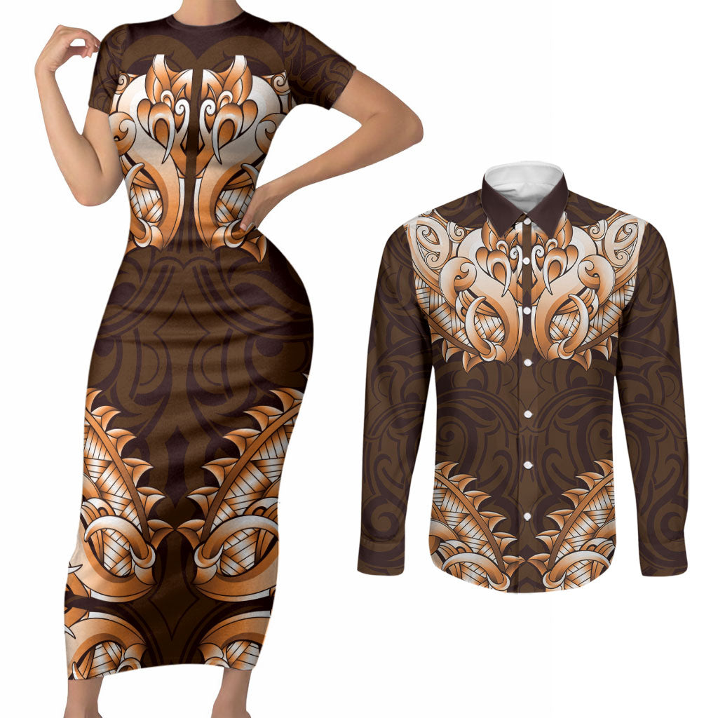 New Zealand Ta Moko Couples Matching Short Sleeve Bodycon Dress and Long Sleeve Button Shirt Aotearoa Maori Chest Tattoo Orange