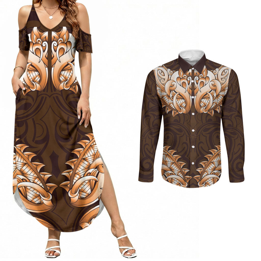 New Zealand Ta Moko Couples Matching Summer Maxi Dress and Long Sleeve Button Shirt Aotearoa Maori Chest Tattoo Orange LT14 Orange - Polynesian Pride