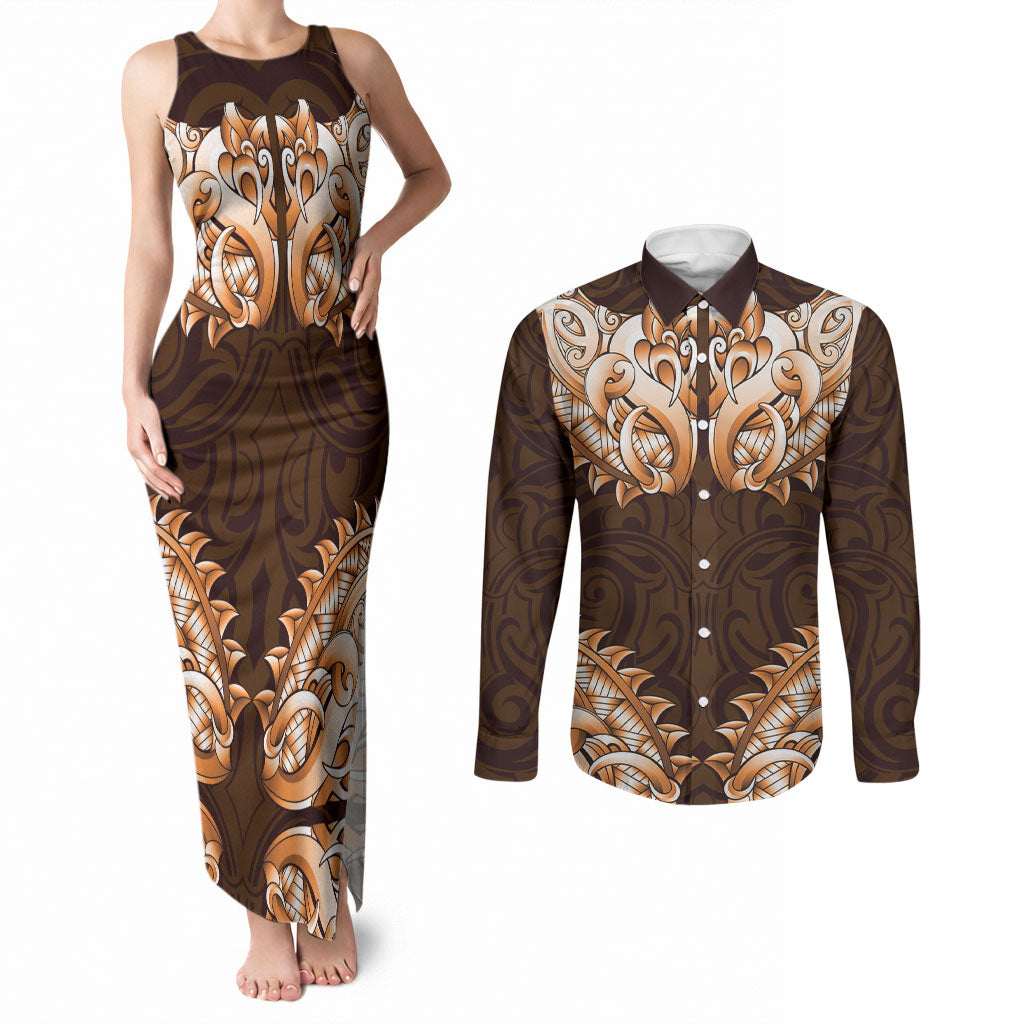 New Zealand Ta Moko Couples Matching Tank Maxi Dress and Long Sleeve Button Shirt Aotearoa Maori Chest Tattoo Orange LT14 Orange - Polynesian Pride