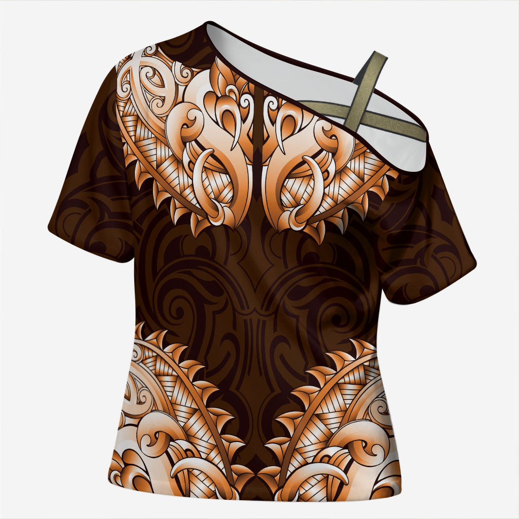 New Zealand Ta Moko Cross Shoulder Shirt Aotearoa Maori Chest Tattoo Orange LT14 Female Orange - Polynesian Pride