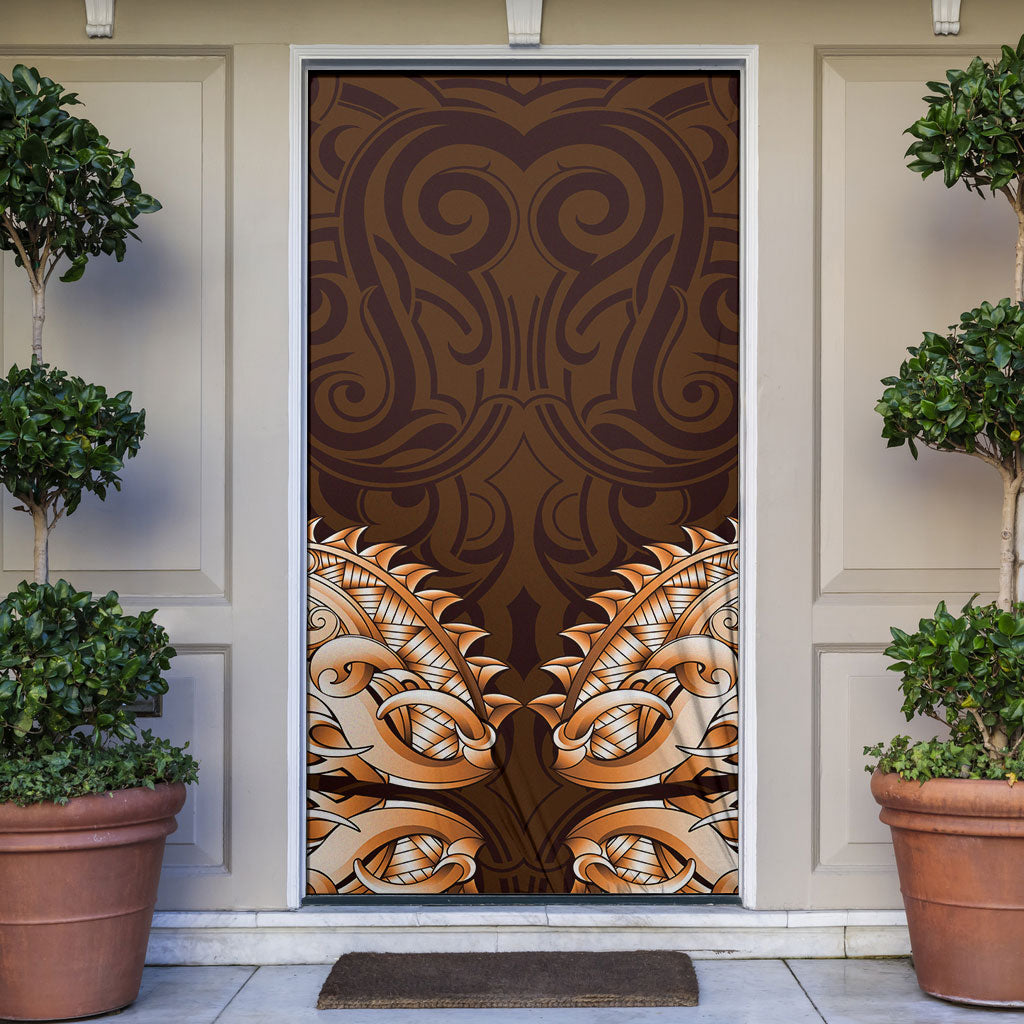 New Zealand Ta Moko Door Cover Aotearoa Maori Chest Tattoo Orange LT14 Orange - Polynesian Pride