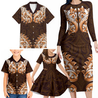 New Zealand Ta Moko Family Matching Long Sleeve Bodycon Dress and Hawaiian Shirt Aotearoa Maori Chest Tattoo Orange